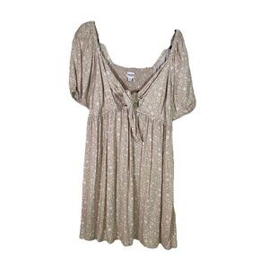 Cream Floral Puff-Sleeve Front Tie Mini Smock Dress XXL